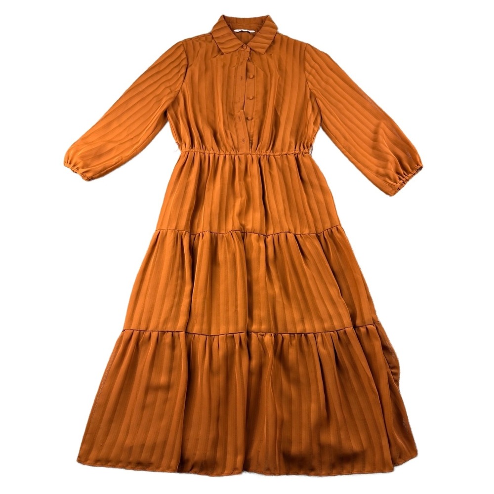 Nanette Lepore Shirt Dress Women 4 Orange Tiered Long Sleeve Midi Boho Prairie